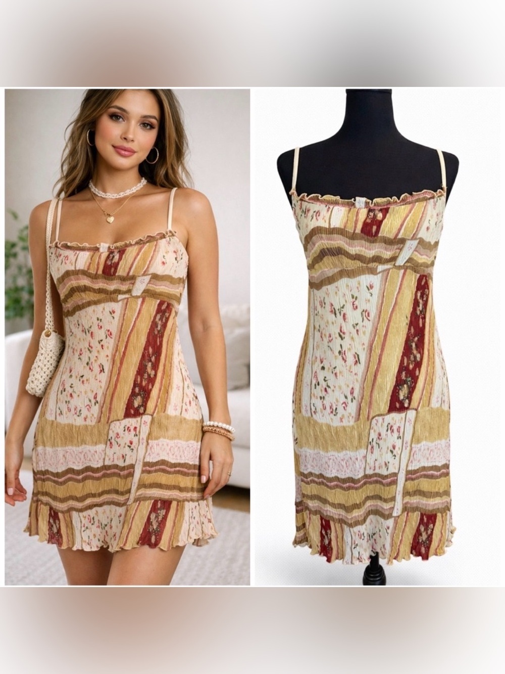 Y2K Wet Seal Patchwork Floral Crinkle Mini Dress Cottagecore Boho M Vintage